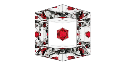 A mesmerizing abstract composition of a vibrant red gemstone suspended inside a hexagonal mirrored chamber creating an infinite kaleidoscopic reflection
