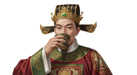 A wise and powerful ancient emperor from a Far East dynasty, dressed in a luxurious silk robe and ornate crown, pauses to drink from a delicate porcelain teacup