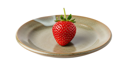 A single fresh ripe red strawberry with a green stem sits in the center of a rustic handmade ceramic plate, emphasizing natural sweetness and simplicity
