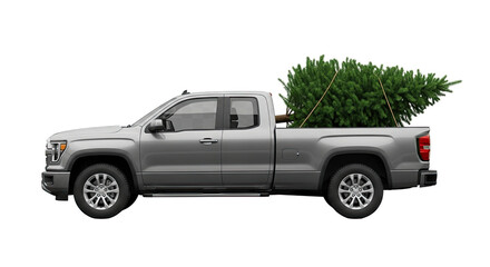 A modern silver pickup truck seen from the side, transporting a freshly cut green Christmas tree tied down with rope in the cargo bed for the festive holiday season