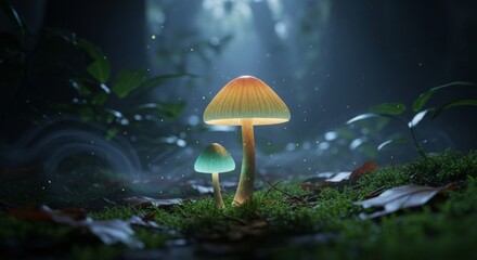Fototapeta premium Glowing mushrooms in a mystical forest