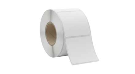 A large roll of blank white rectangular adhesive labels with slightly rounded corners and a visible cardboard core, presented in a clean, practical studio shot