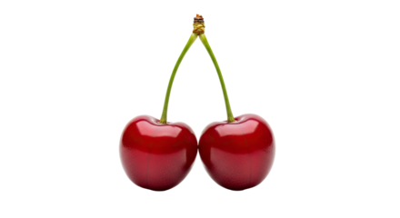 A perfect pair of fresh, ripe red cherries with glossy skin and vibrant green stems joined together, showcasing the natural beauty and simplicity of the delicious summer fruit