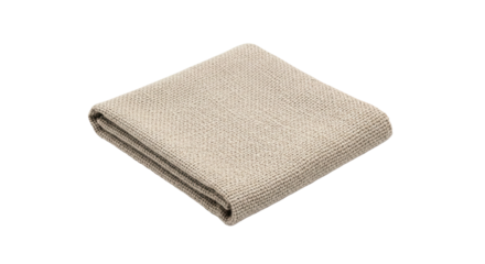 A soft and warm beige throw blanket made from a coarse woven textile is folded neatly, showcasing its intricate and detailed knitted pattern and comfortable material