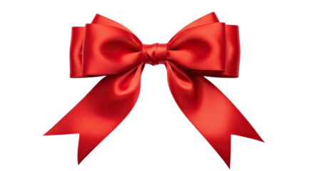 An elegant and festive red ribbon bow with a silky, glossy texture and a classic symmetrical shape, perfectly tied for decorating a present or for a special holiday celebration