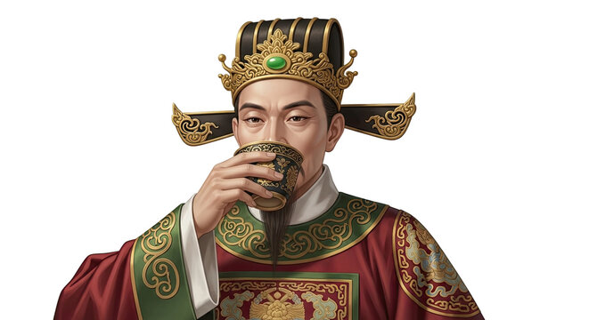 A wise and powerful ancient emperor from a Far East dynasty, dressed in a luxurious silk robe and ornate crown, pauses to drink from a delicate porcelain teacup