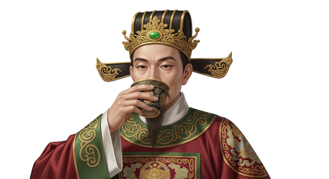 A wise and powerful ancient emperor from a Far East dynasty, dressed in a luxurious silk robe and ornate crown, pauses to drink from a delicate porcelain teacup