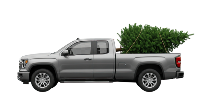 A modern silver pickup truck seen from the side, transporting a freshly cut green Christmas tree tied down with rope in the cargo bed for the festive holiday season