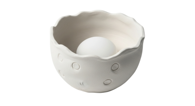A minimalist white ceramic bowl with a wavy rim and textured surface holds a smooth white sphere, showcasing a modern, artistic, and handcrafted design with soft lighting