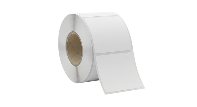 A large roll of blank white rectangular adhesive labels with slightly rounded corners and a visible cardboard core, presented in a clean, practical studio shot