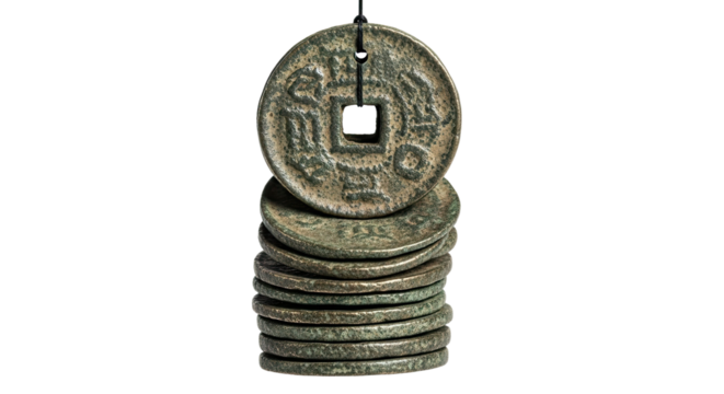 A stack of old traditional Asian currency with square holes, revealing intricate characters and a weathered, corroded bronze surface from centuries of history