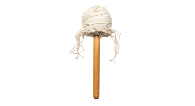 A simple, primitive torch made from a wooden staff and a bundle of cloth rags wrapped with fabric, evoking themes of medieval times, fantasy, or survival