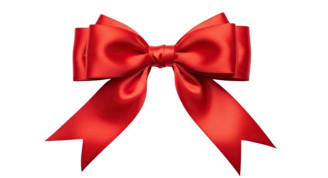 An elegant and festive red ribbon bow with a silky, glossy texture and a classic symmetrical shape, perfectly tied for decorating a present or for a special holiday celebration