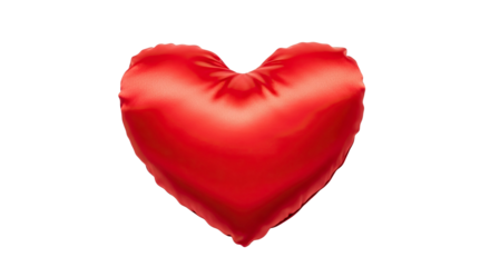 A plush and soft heart-shaped pillow in a vibrant red satin fabric, featuring a delicate sheen and gentle folds that create a romantic and comforting symbol of love