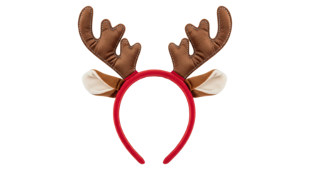 A festive red headband with brown fabric reindeer antlers and cute ears, a fun accessory for a Christmas party or holiday celebration, viewed from the front
