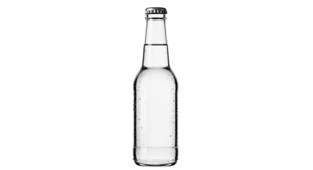 A sleek, unbranded clear glass bottle filled with pure, still mineral water, its surface covered in fresh condensation droplets and sealed with a shiny silver metal cap