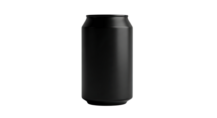 A sleek, matte black aluminum beverage can stands upright, subtly illuminated to highlight its smooth, modern design and elegant contours