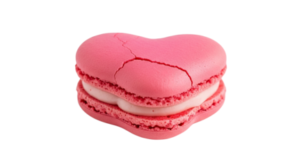 A single bright pink heart-shaped French macaron with a delicate crack on its shell, showcasing its almond meringue texture and sweet creamy filling for a romantic dessert