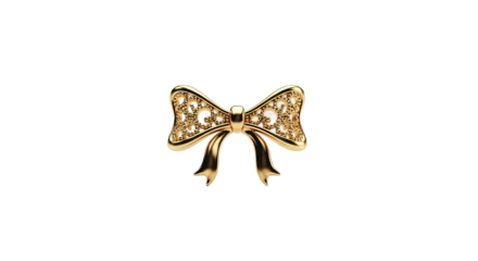 A luxurious golden bow with an intricate filigree pattern and beaded texture, showcasing elegant craftsmanship and a classic design in a dramatic studio light setting