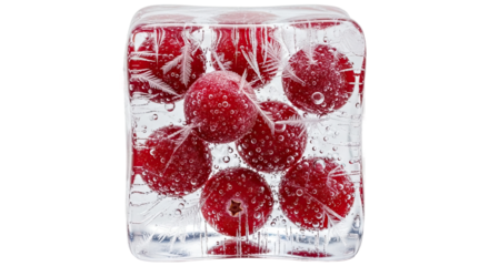 A crystal clear ice cube filled with vibrant red berries, showing intricate frost patterns and tiny air bubbles frozen inside for a refreshing and cool concept