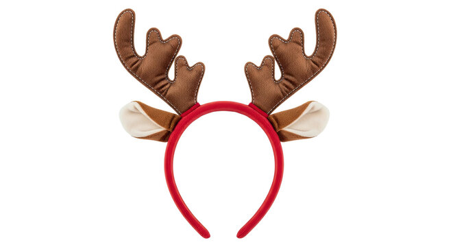 A festive red headband with brown fabric reindeer antlers and cute ears, a fun accessory for a Christmas party or holiday celebration, viewed from the front