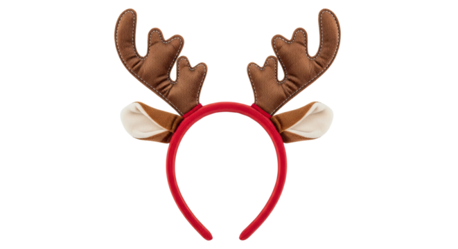 A festive red headband with brown fabric reindeer antlers and cute ears, a fun accessory for a Christmas party or holiday celebration, viewed from the front