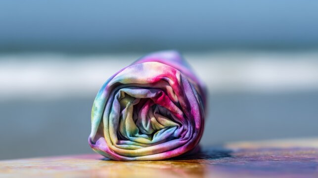 rashguard. A colorful rolled-up rashguard resting on a surfboard at the beach. event key visuals, club posters, designed for fitness apps and gym onboarding, drives event promotion.
