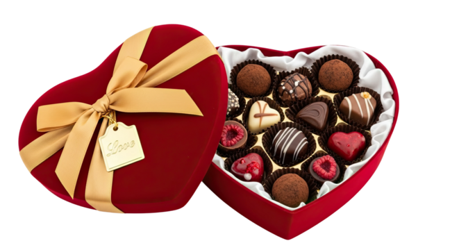A luxurious red velvet heart-shaped gift box is open to reveal a beautiful assortment of fine chocolates, truffles, and pralines, with a golden bow and love tag on the lid