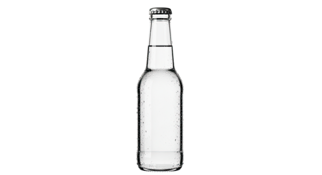 A sleek, unbranded clear glass bottle filled with pure, still mineral water, its surface covered in fresh condensation droplets and sealed with a shiny silver metal cap
