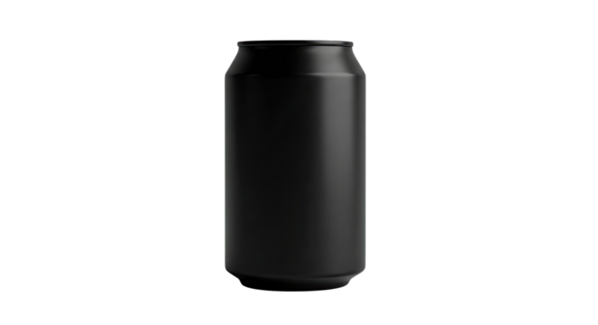 A sleek, matte black aluminum beverage can stands upright, subtly illuminated to highlight its smooth, modern design and elegant contours