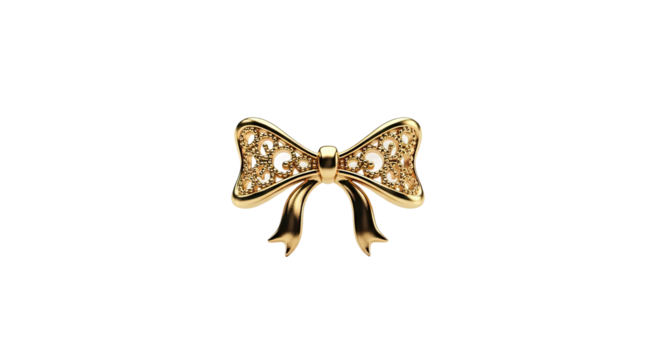 A luxurious golden bow with an intricate filigree pattern and beaded texture, showcasing elegant craftsmanship and a classic design in a dramatic studio light setting