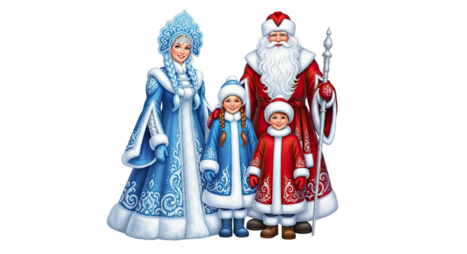 A happy family of folklore characters, including a winter wizard with a staff, a snow maiden, and two children, dressed in ornate red and blue traditional winter coats for the holidays - Powered by Adobe