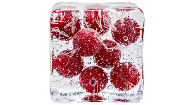 A crystal clear ice cube filled with vibrant red berries, showing intricate frost patterns and tiny air bubbles frozen inside for a refreshing and cool concept