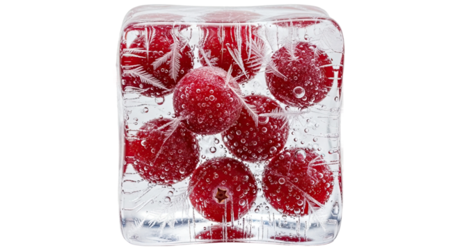 A crystal clear ice cube filled with vibrant red berries, showing intricate frost patterns and tiny air bubbles frozen inside for a refreshing and cool concept