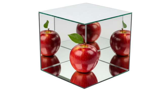 A single fresh red apple with a green leaf sits inside a mirrored cube, creating a surreal optical illusion with its multiple reflections on the glass surfaces