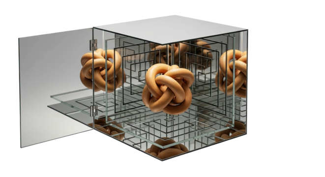An intricate wooden knot floats inside a modern glass and mirror cube, its organic form endlessly reflected within a metallic maze, creating a surreal visual paradox