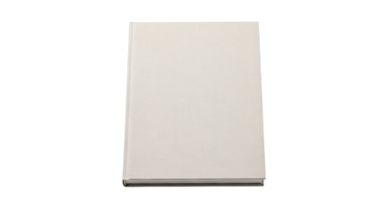 A single closed hardcover book with a blank, light-colored, finely textured cover, captured from a direct overhead perspective with clean, even lighting