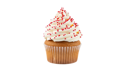 A delicious vanilla cupcake with a tall, perfect swirl of creamy white frosting is generously decorated with festive red nonpareil sprinkles for a celebratory dessert