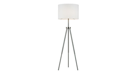 An elegant contemporary floor lamp with a glowing white cylindrical lampshade stands on a sleek chrome tripod base, a minimalist lighting fixture for modern home decor
