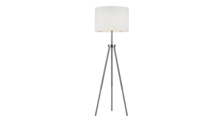 An elegant contemporary floor lamp with a glowing white cylindrical lampshade stands on a sleek chrome tripod base, a minimalist lighting fixture for modern home decor
