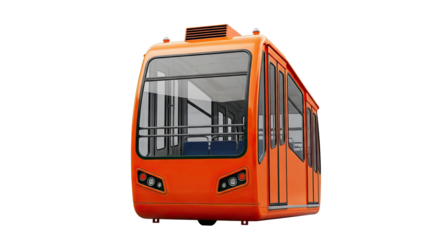 A bright orange cable railway car, a modern funicular tram for mountain transport, featuring a sleek design with large glass windows and visible passenger seats inside
