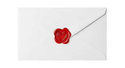 A classic white paper envelope is sealed with a shiny red wax seal featuring an embossed heart symbol, representing a romantic love letter or special invitation