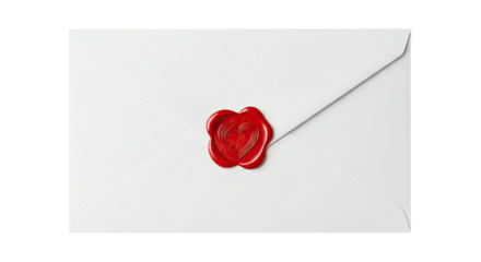 A classic white paper envelope is sealed with a shiny red wax seal featuring an embossed heart symbol, representing a romantic love letter or special invitation