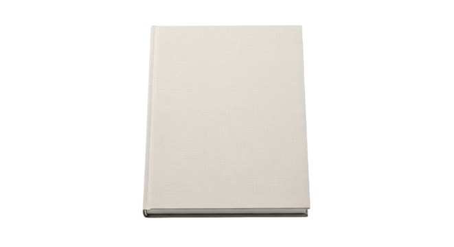 A single closed hardcover book with a blank, light-colored, finely textured cover, captured from a direct overhead perspective with clean, even lighting