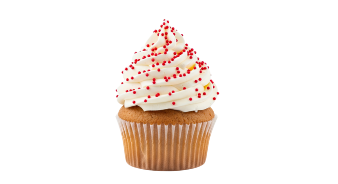 A delicious vanilla cupcake with a tall, perfect swirl of creamy white frosting is generously decorated with festive red nonpareil sprinkles for a celebratory dessert