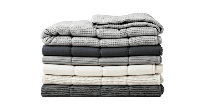 A neat stack of folded cozy blankets in various shades of gray and white, showcasing different soft textures like waffle knit for a comfortable and warm home interior decor
