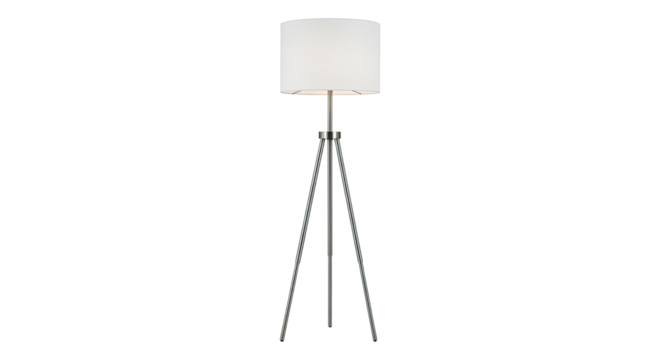 An elegant contemporary floor lamp with a glowing white cylindrical lampshade stands on a sleek chrome tripod base, a minimalist lighting fixture for modern home decor
