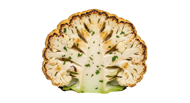 A gourmet roasted cauliflower steak, sliced in half and garnished with fresh parsley, reveals its intricate tree-like internal structure in a detailed top-down studio shot