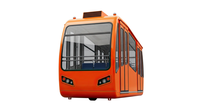 A bright orange cable railway car, a modern funicular tram for mountain transport, featuring a sleek design with large glass windows and visible passenger seats inside