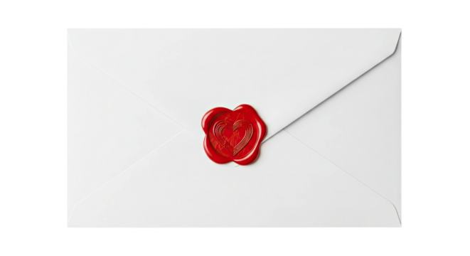 A classic white paper envelope is sealed with a shiny red wax seal featuring an embossed heart symbol, representing a romantic love letter or special invitation